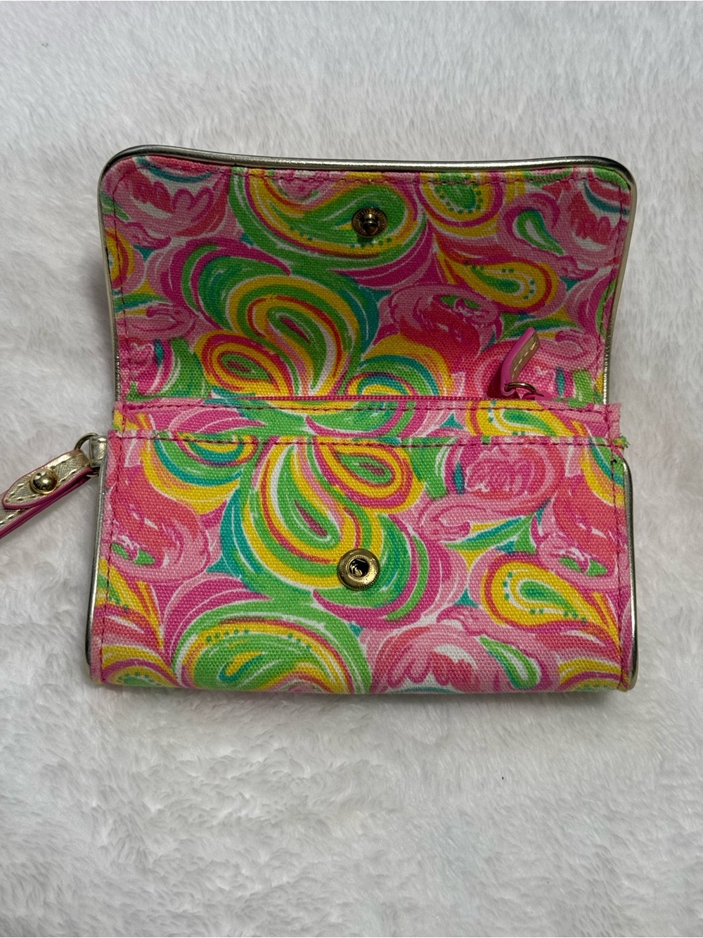 Lilly Pulitzer It's A Keeper Canvas Wristlet Wallet Pink Green Paisley Gold - Picture 3 of 11
